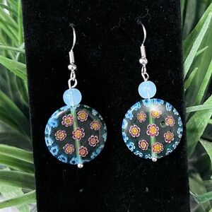 Blue and Silver Speckled Glass Bead Earrings